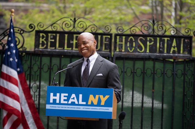 Mayor Eric Adams and New York Attorney General Letitia James announce delivery of the first installment of $256 million pledged to New York City from opioid settlements outside of Bellevue Hospital, April 21st, 2022.